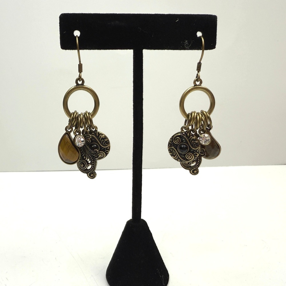 Dangle Drop Charm Earrings Bronze Tone Faux Stone Rhinestone Accent Jewelry 2 in